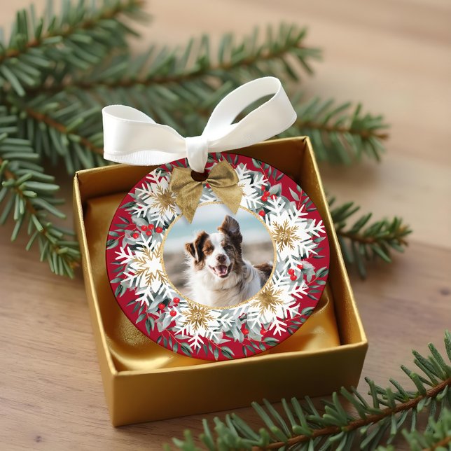 Two Photo Christmas Festive Snowflake Red Wreath Ornament (Two Photo Christmas Festive Snowflake Red Wreath Ornament)