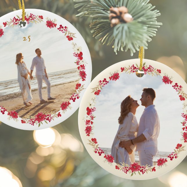 two photo christmas holiday botanical wreath  ceramic tree decoration (Creator Uploaded)