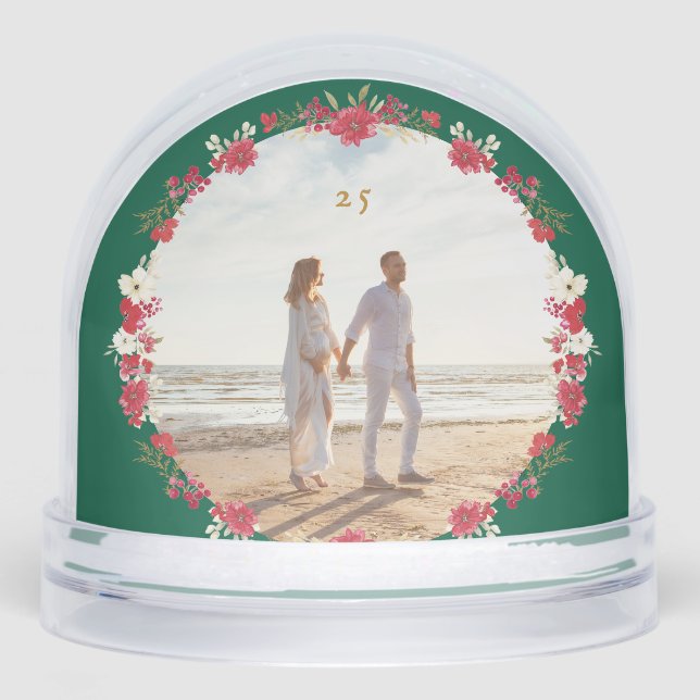 two photo christmas holiday floral green wreath  snowglobe (Front)