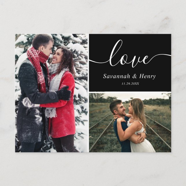 Two Photo Collage Black Love Script Postcard (Front)