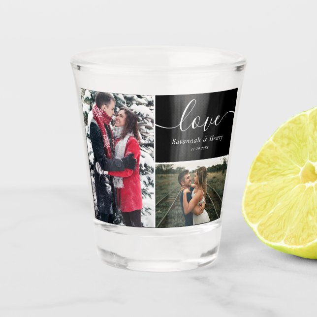 Two Photo Collage Black Love Script Shot Glass (Front)