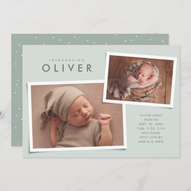 Two photo collage simple type green birth announcement (Front/Back)