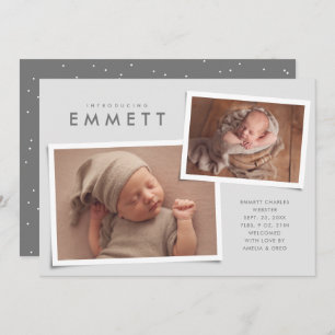 Two photo collage simple type grey birth announcement