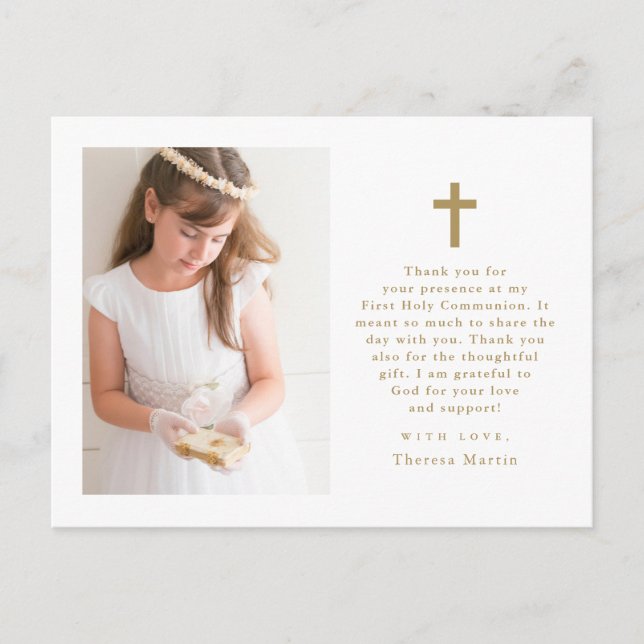 Two Photo Cross First Communion Thank You Postcard (Front)