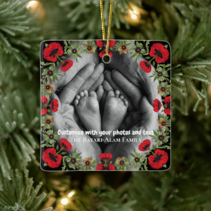 Two Photo Custom Text Red Poppies Free Palestine Ceramic Ornament