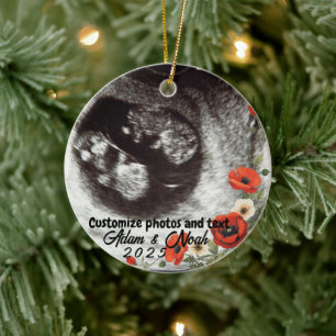 Two Photo Custom Text Red Poppies Free Palestine Ceramic Tree Decoration