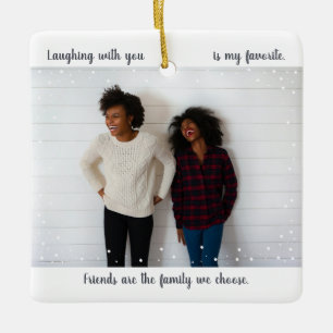 Two Photo Cute Script Best Friend Snowfall Holiday Ceramic Ornament