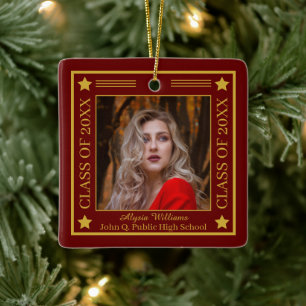 Two Photo Dk Red Gold Class of 2022 Graduation Ceramic Ornament