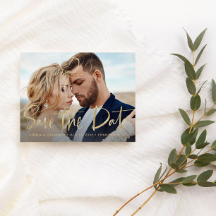 Two Photo Faux Gold Modern Script Save the Date Announcement Postcard