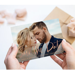 Two Photo   Faux Rose Gold Script Save the Date Announcement Postcard