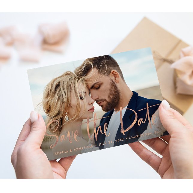 Two Photo | Faux Rose Gold Script Save the Date Announcement Postcard (Creator Uploaded)