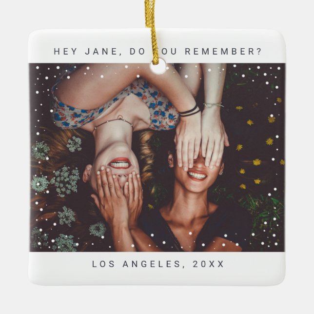 Two Photo Friend Minimalist Holiday Keepsake Ceramic Ornament (Front)