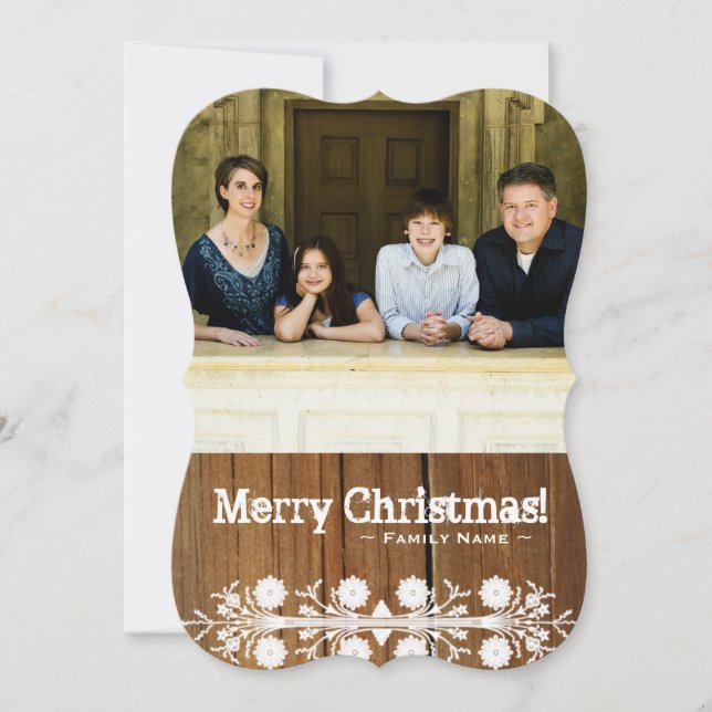 Two Photo Front Back Rustic Wood Look Holiday Card (Front)