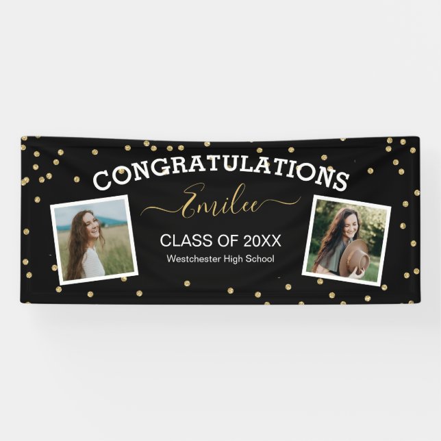 Two Photo Glitter Black Congratulations Graduation Banner (Horizontal)