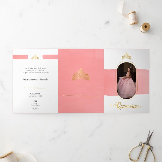 Two Photo Gold and Rose Pink Quinceanera Tri-Fold Invitation (Outside)