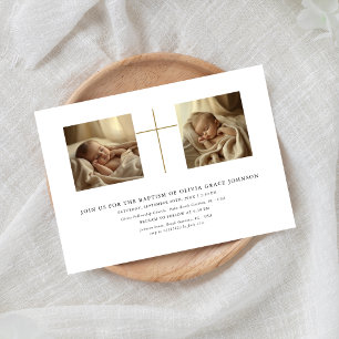 Two Photo Gold Gender Neutral Black White baptism Invitation