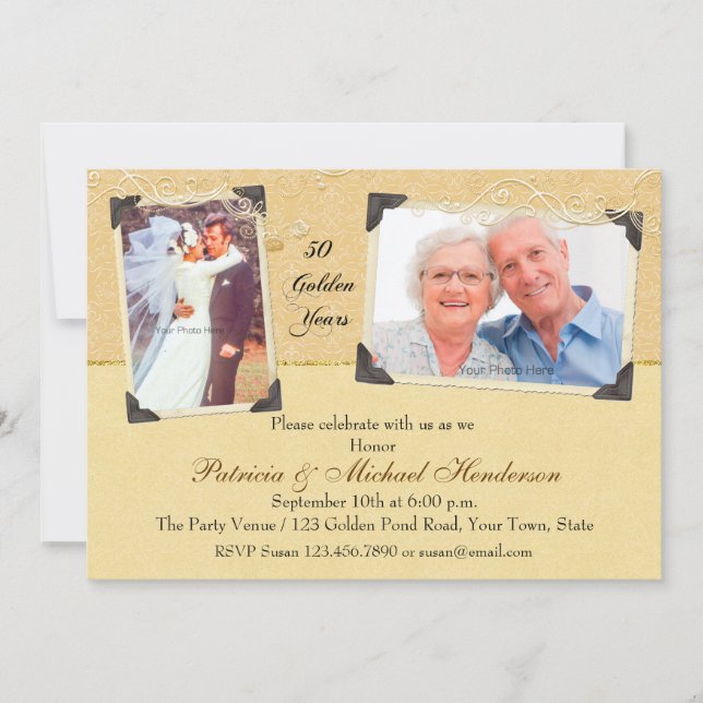Two Photo Golden Anniversary Damask Invitation (Front)