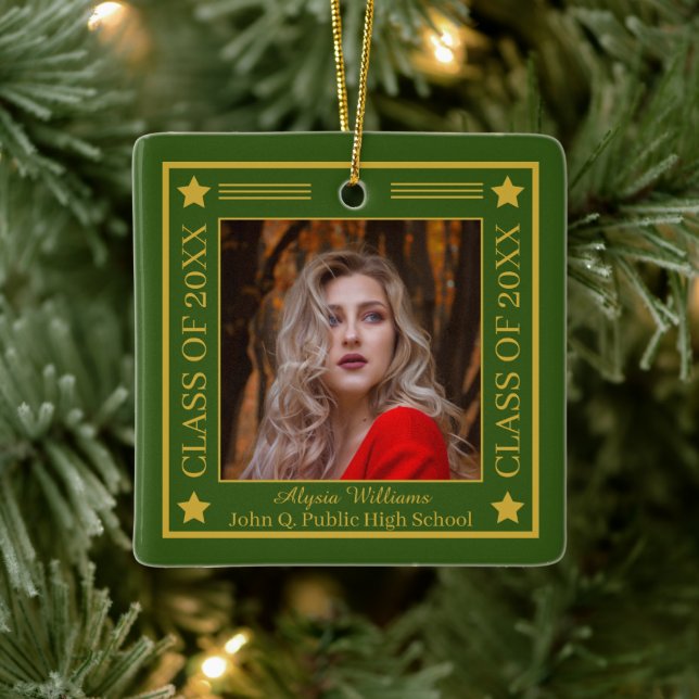 Two Photo Green | Gold Class Year Graduation Ceramic Ornament (Tree)