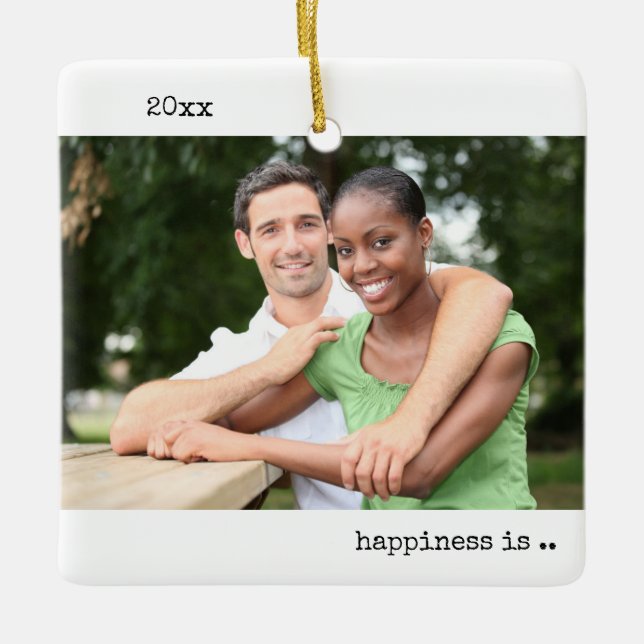Two Photo Happiness is Being Engaged Minimalist Ceramic Ornament (Front)