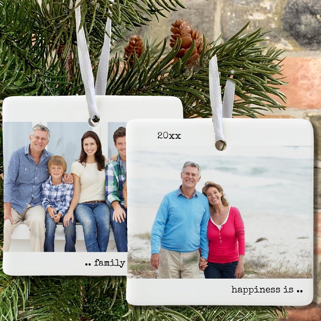Two Photo Happiness is Family Christmas Minimalist Ceramic Ornament (Happiness is family christmas .. double-sided keepsake ornament with photos on both sides)