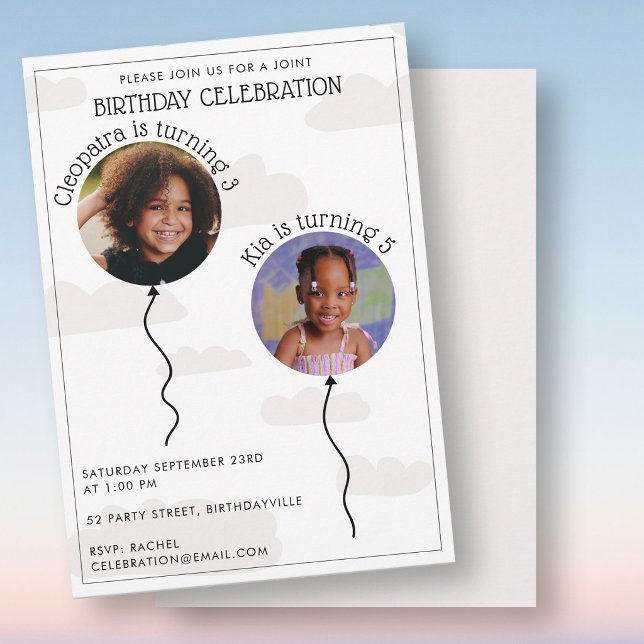 Two Photo Joint Birthday Balloons Clouds Invitation (Two Photo Joint Birthday Balloons Clouds Invitation)