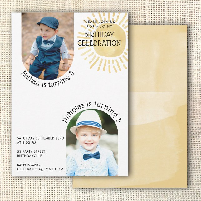 Two Photo Joint Birthday Watercolor Boho Invitation (Two Photo Joint Birthday Watercolor Boho Invitation)