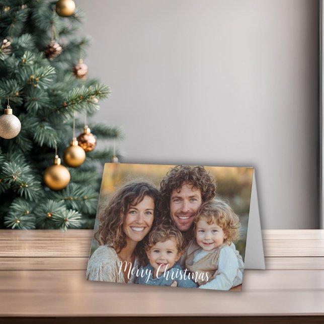 Two Photo Merry Christmas Holiday Folded Card (Two Photo Christmas Card Folded with Merry Christmas words on front. Can be edited. Message inside)