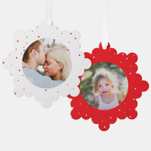 Two Photo Minimal Family Snowfall Holiday Red Tree Decoration Card