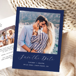 Two Photo Minimalist Navy Blue Save the Date Postcard
