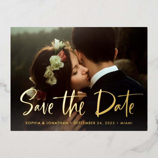 Two Photo | Modern Script Save the Date Gold Foil Invitation Postcard (Front)