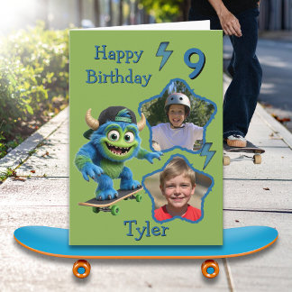 Two photo Monster on Skateboard 9th Birthday Card