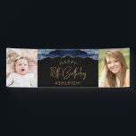 Two Photo Navy Blue Gold Agate 18th Birthday Banner<br><div class="desc">Welcome guests with this chic, glamourous 18th birthday party photo banner, featuring a navy blue watercolor agate border trimmed with gold faux glitter on a black background. Easily replace the two sample images with photos of the guest of honour. Personalise it with her name in gold-coloured text beneath the words...</div>