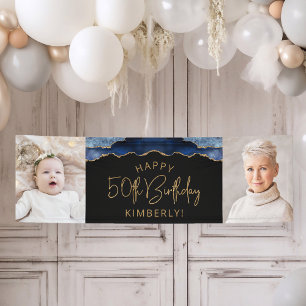 Two Photo Navy Blue Gold Agate 50th Birthday Banner