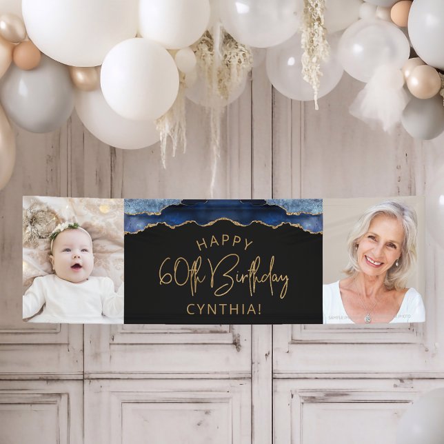 Two Photo Navy Blue Gold Agate 60th Birthday Banner (Creator Uploaded)