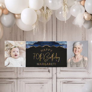 Two Photo Navy Blue Gold Agate 70th Birthday Banner