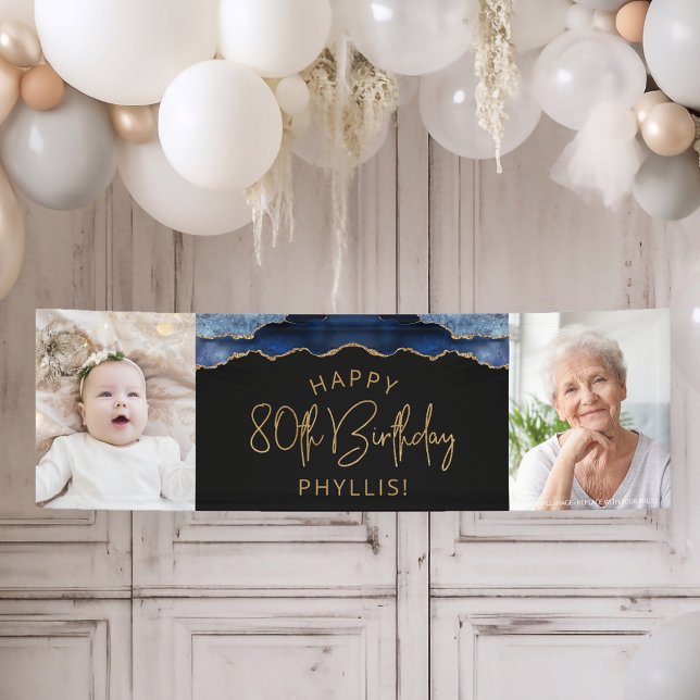 Two Photo Navy Blue Gold Agate 80th Birthday Banner (Creator Uploaded)