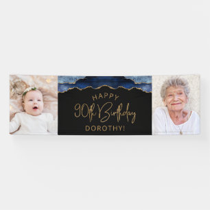 Two Photo Navy Blue Gold Agate 90th Birthday Banner