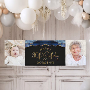 Two Photo Navy Blue Gold Agate 90th Birthday Banner