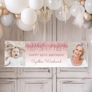Two Photo Pink Rose Dripping Glitter 60th Birthday Banner