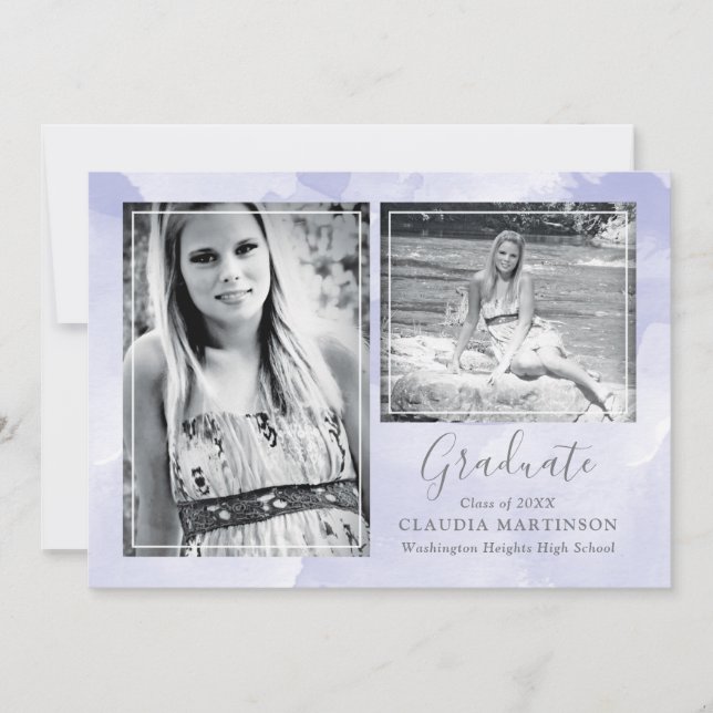 Two Photo Purple Background Graduation Announcement (Front)