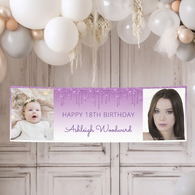 Two Photo Purple Dripping Glitter 18th Birthday Banner (Creator Uploaded)
