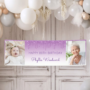 Two Photo Purple Dripping Glitter 80th Birthday Banner