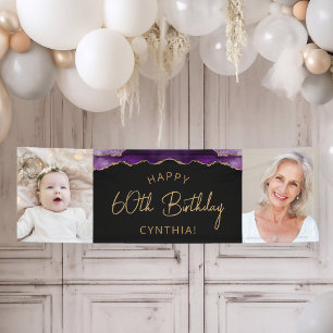 Two Photo Purple Gold Agate 60th Birthday Banner