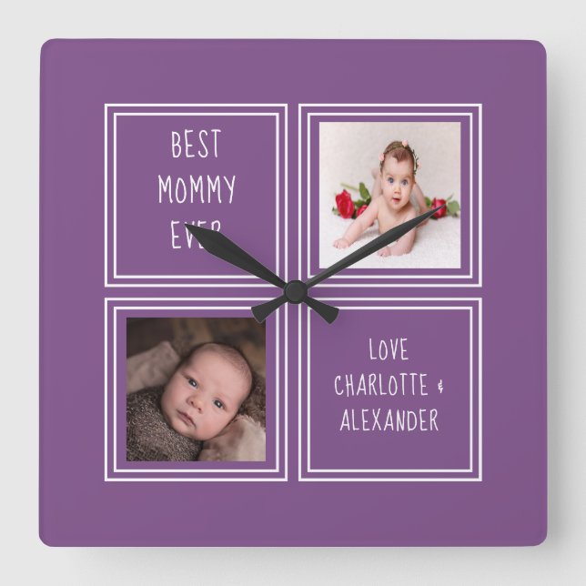 Two Photo Purple Template Square Wall Clock (Front)