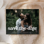 Two Photo | Retro Boho Typography Save the Date Announcement Postcard<br><div class="desc">This trendy and boho save the date postcard features two of your favourite personal photos,  with retro white handwritten text. The back contains a second photo with a translucent overlay,  and more of your wedding details and information. A simple and stylish look that will fit perfectly with your style!</div>
