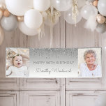 Two Photo Silver Dripping Glitter 90th Birthday Banner<br><div class="desc">Welcome guests with this chic, glamourous 90th birthday party photo banner, featuring a sparkly silver faux glitter drip border and silver ombre background. Easily replace the two sample images with photos of the guest of honour. Personalise it with her name in grey handwriting script beneath the words "Happy 90th Birthday"...</div>