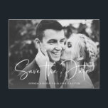 Two Photo | Simple Script Save the Date Announcement Postcard<br><div class="desc">This simple and elegant save the date postcard features two of your favourite personal photos,  with modern and trendy white handwritten script. The back contains a second photo with a translucent overlay,  and more of your wedding details and information.</div>