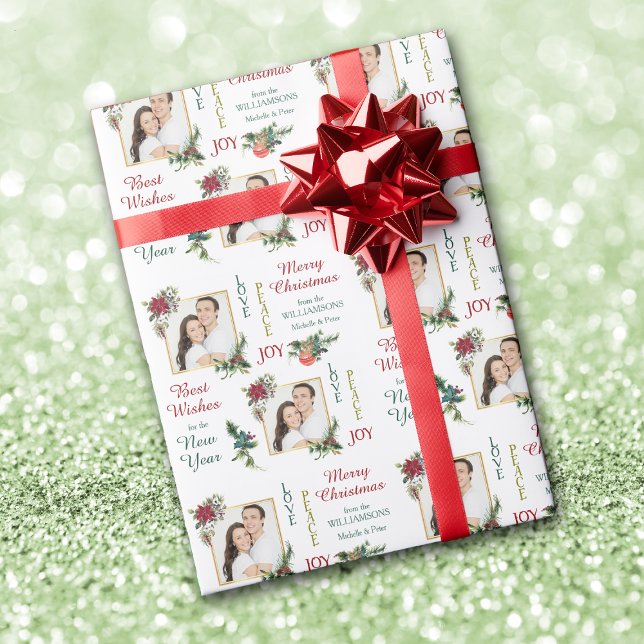 Two Photo Template Poinsettia Joy Peace Christmas Wrapping Paper (Creator Uploaded)