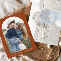 Two Photo Terracotta Save the Date Postcard Script