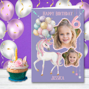Two Photo Whimsical Unicorn 6th Birthday Card